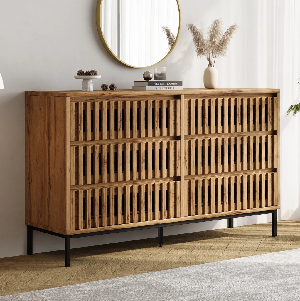 Credenza a 6 cassetti in legno chiaro con piano portante e piedini regolabili per ordine domestico