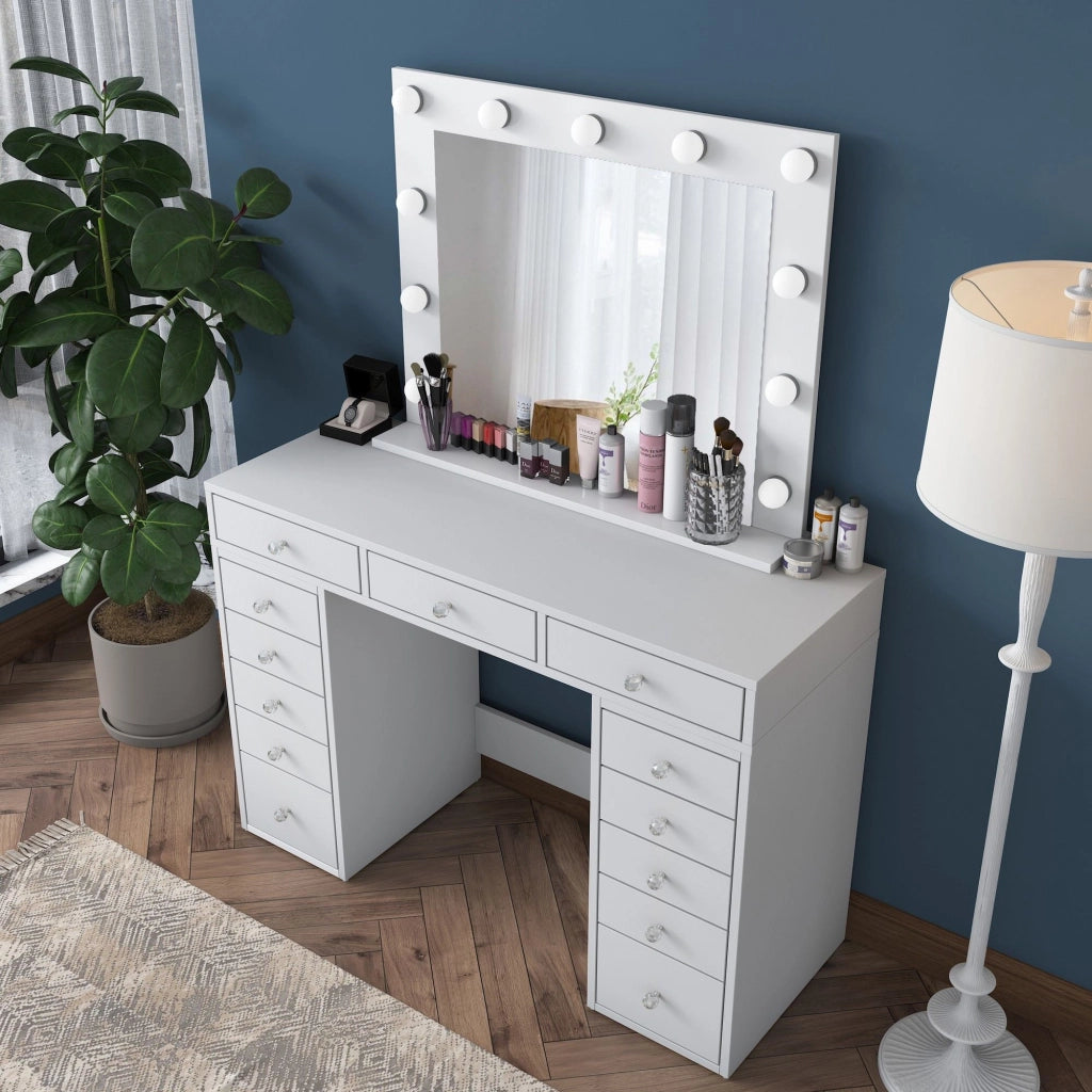 Comodino "Sirma" con specchio in legno - 120 x 44 x 82 cm - Bianco