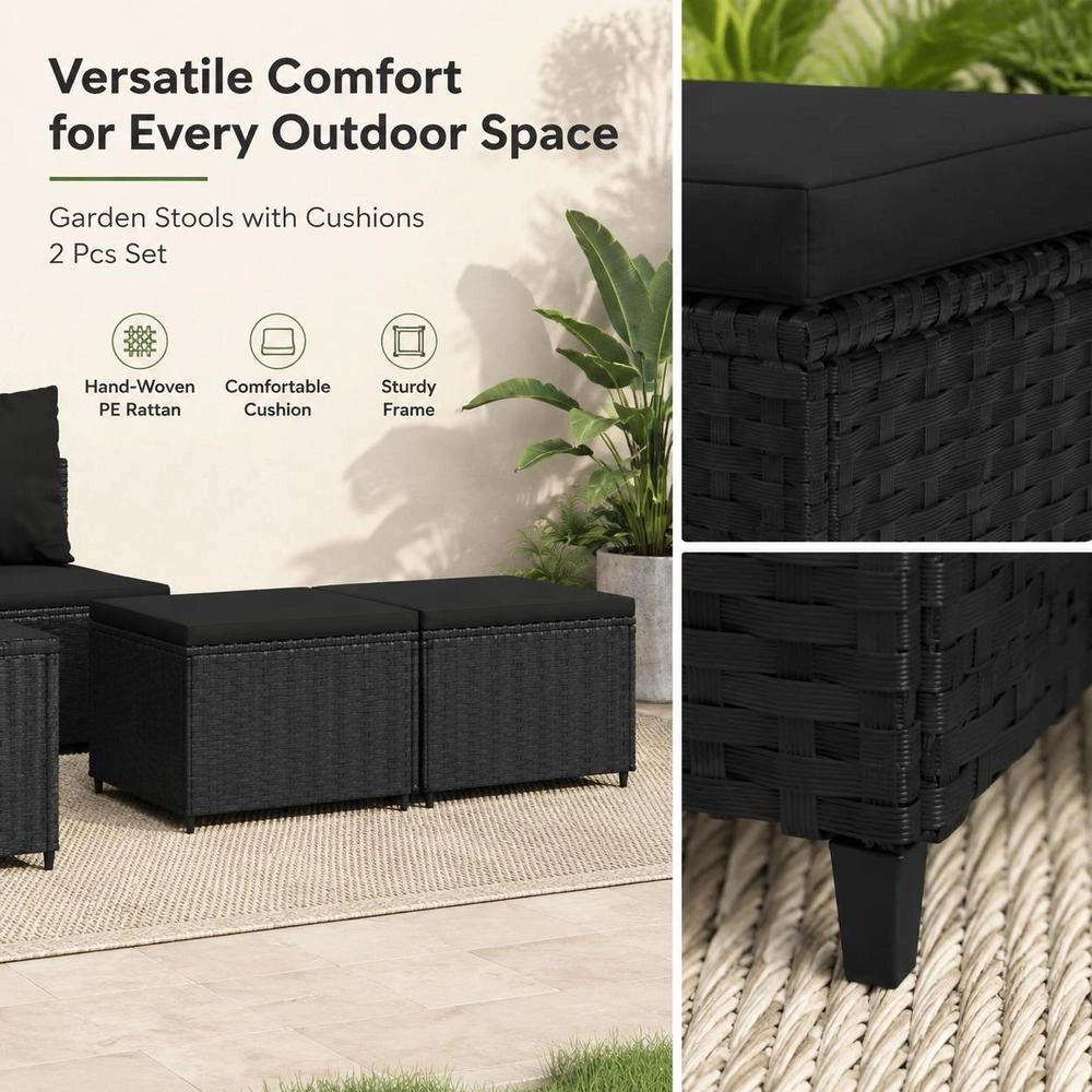 Garden Stools With Cushions, 2 Pieces, Black Poly Rattan