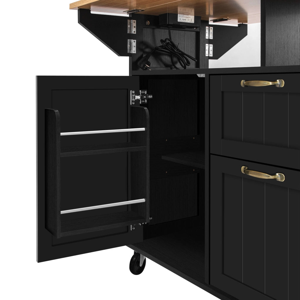 Isola cucina 120x40-60-80x92 cm con piano pieghevole e prese; in MDF e PB; nero e naturale