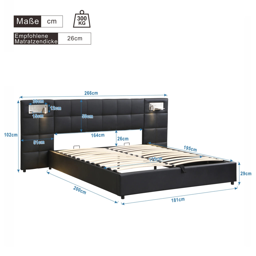 Letto matrimoniale imbottito 180x200 cm in PU nero con USB; ricarica wireless e contenitore