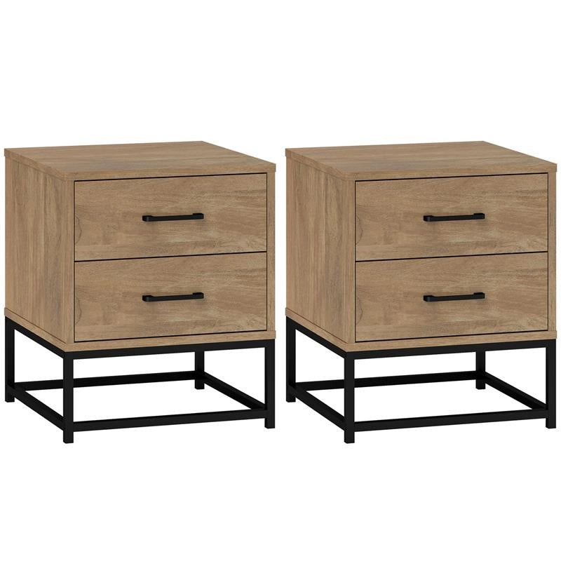 SET DI 2 COMODINI CON 2 CASSETTI STILE INDUSTRIALE IN LEGNO E ACCIAIO COLORE LEGNO