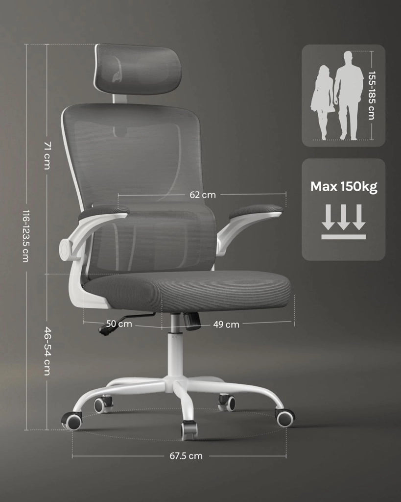 Sedia Ufficio Ergonomica, Sedie Ufficio a Rete Traspirante, Con Supporto Lombare Adattativo a Forma Di C, Poggiatesta Regolabile, Braccioli Ribaltabili, per Scrivania, Casa, Grigio