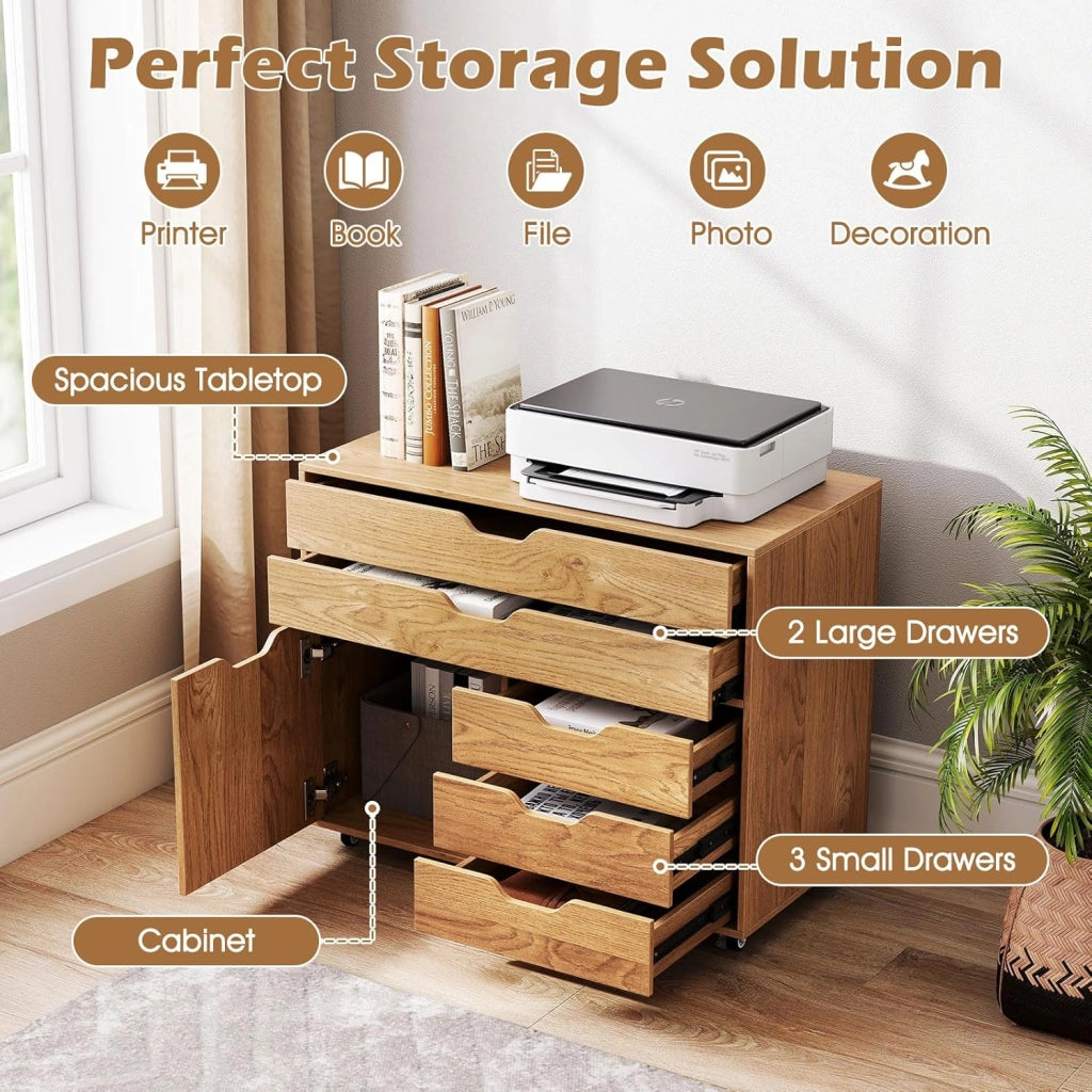 Cassettiera con 5 cassetti e 1 armadietto, armadietto mobile a 5 ruote, cassettiera sotto scrivania, 77,5 x 40 x 64 cm (naturale)