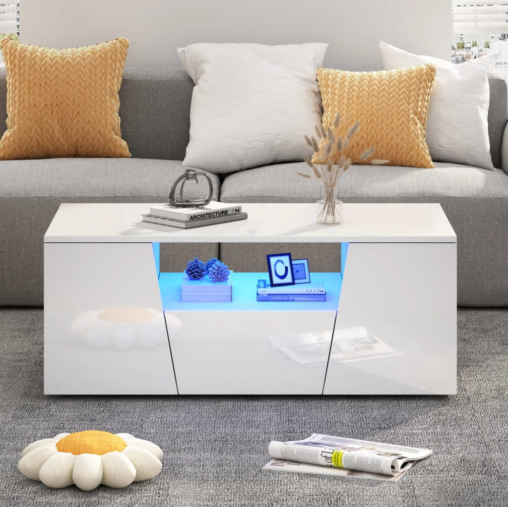 Tavolino da caffè 100 x 50 x 40 cm in truciolare bianco con LED e 2 armadietti