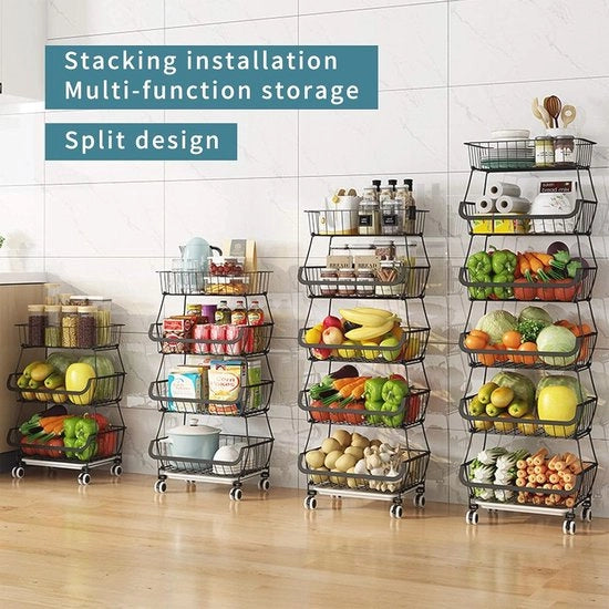 Opacieri con ruote 6 livelli cassetti metallici ripiegabili per verdure frutta e magazzino cucina nero