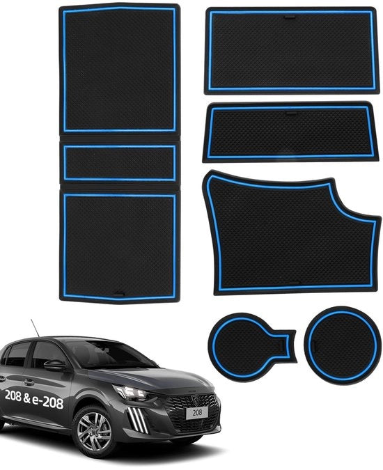 Antislipmatte per Peugeot 208 e-208 2008 e-2008 2020-2024 2025, 6 pezzi di gomma per console centrale, vano portaoggetti, contenitore per bicchieri, vano porta porte, vano braccio, nero e blu