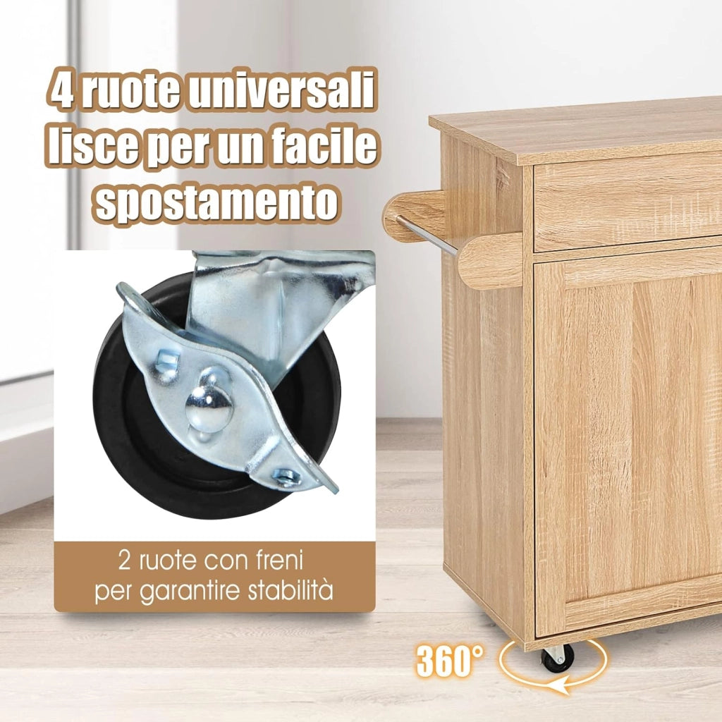 Carrello da Cucina con Ruote di Gomma, Scaffale per Microonde Carrello Servizio, Credenza Cucina Legno Moderno Elegante, 116 x 37 x 85 cm (Naturale)