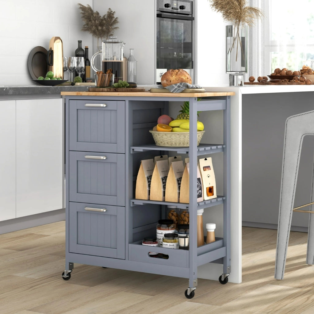 Isola cucina con ruote bloccabili piano in legno di gomma e 2 ripiani rimovibili-Carrello multiuso Grigio
