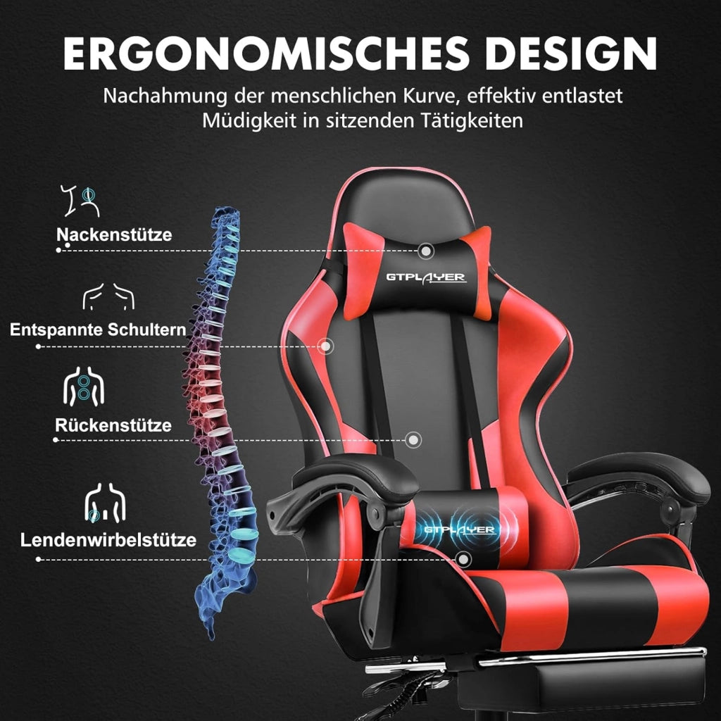 Sedia da gioco, sedia da ufficio, sedia ergonomica per PC, poltrona da gioco con supporto per massaggi, sedie Task con poggiapiedi e poggiatesta, in ecopelle rossa