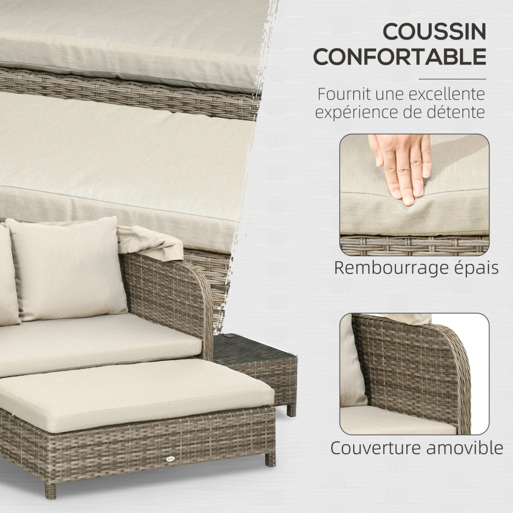 Set divano da giardino 4 pezzi 2 posti + poggiapiedi + 2 tavolini con cuscini beige marrone ¨C Xylo