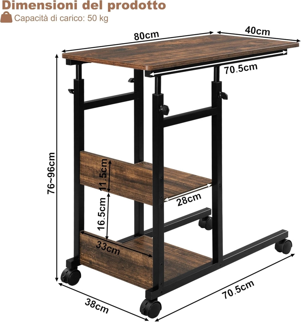 Tavolino da Salotto a Forma di C, Tavolino da Caffè a 3 Livelli, Tavolo Divano Regolabile in Altezza con Ruote Universali, in Legno e Metallo, Rovere vintage + Nero, BTS08hov