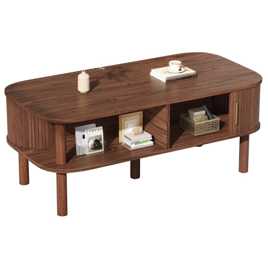 Tavolino da caffè scandinavo 110x55x45 cm con porta scorrevole; effetto noce; MDF
