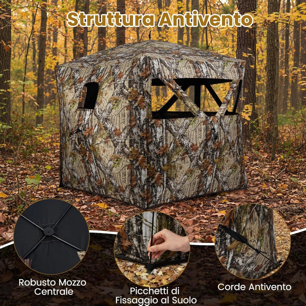 Tenda da Caccia Portatile per 4 Persone, Tenda Pop-Up Camouflage con Finestre Silenziose, Porta Apribile, Pannelli di Sicurezza Rimovibili e Borsa da Trasporto, 140 x 140 x 176 cm