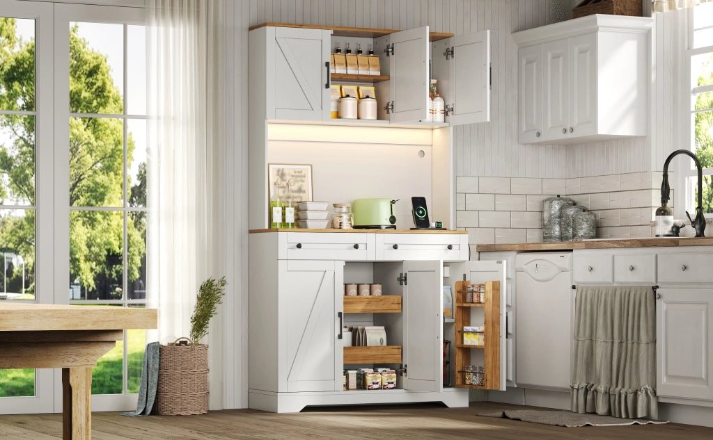 Credenza alta da cucina con LED RGB e prese organizer estraibile 2 cassetti per cucina in MDF 100 × 40 × 180 cm