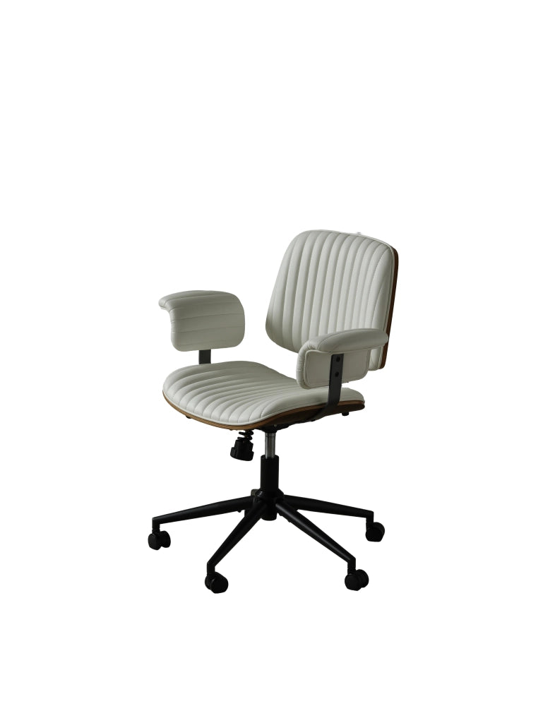 Sedia da ufficio girevole in PU leather beige con braccioli imbottiti e base in metallo
