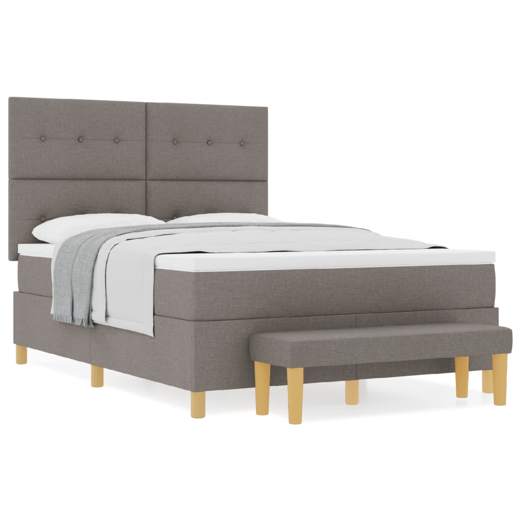 Letto Box Spring con Materasso e Panchina Tortora 140x190 cm in Tessuto