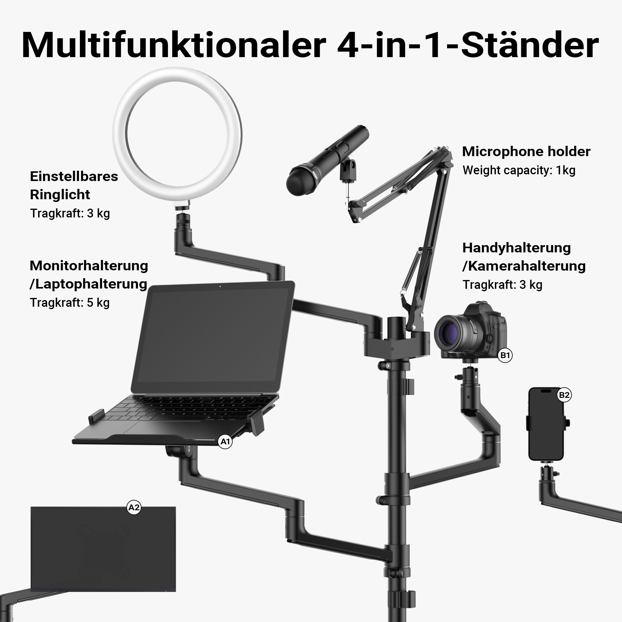 Supporto da tavolo 4in1 con 1 asta per microfono + 3 bracci articolati per accessori, con morsetto e ring light a 3 modalità, staffa per fotocamera per dirette e live