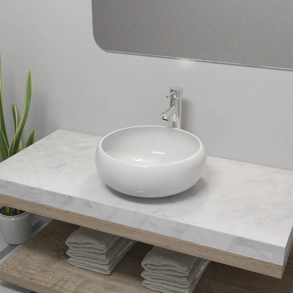 Lavello Bagno con Miscelatore in Ceramica Rotondo Bianco CFW4512924