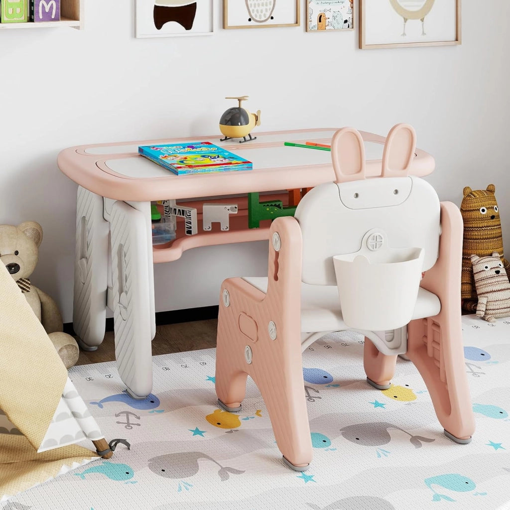 Set Tavolo e Sedia per Bambini, Tavolo e Sedia per Bambini con Mensola Ribaltabile, Lavagna Magnetica Cancellabile, Altezza Regolabile, per Camera da Letto, Sala, Giochi per Ragazzi (Rosa)
