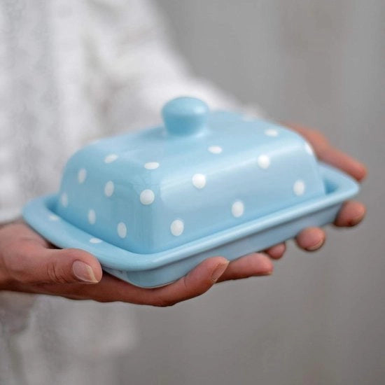 Ciotola di Burro in Ceramica a Mano con Decorazione a Pennello - Blu Celeste e Punti Bianchi a Puntini