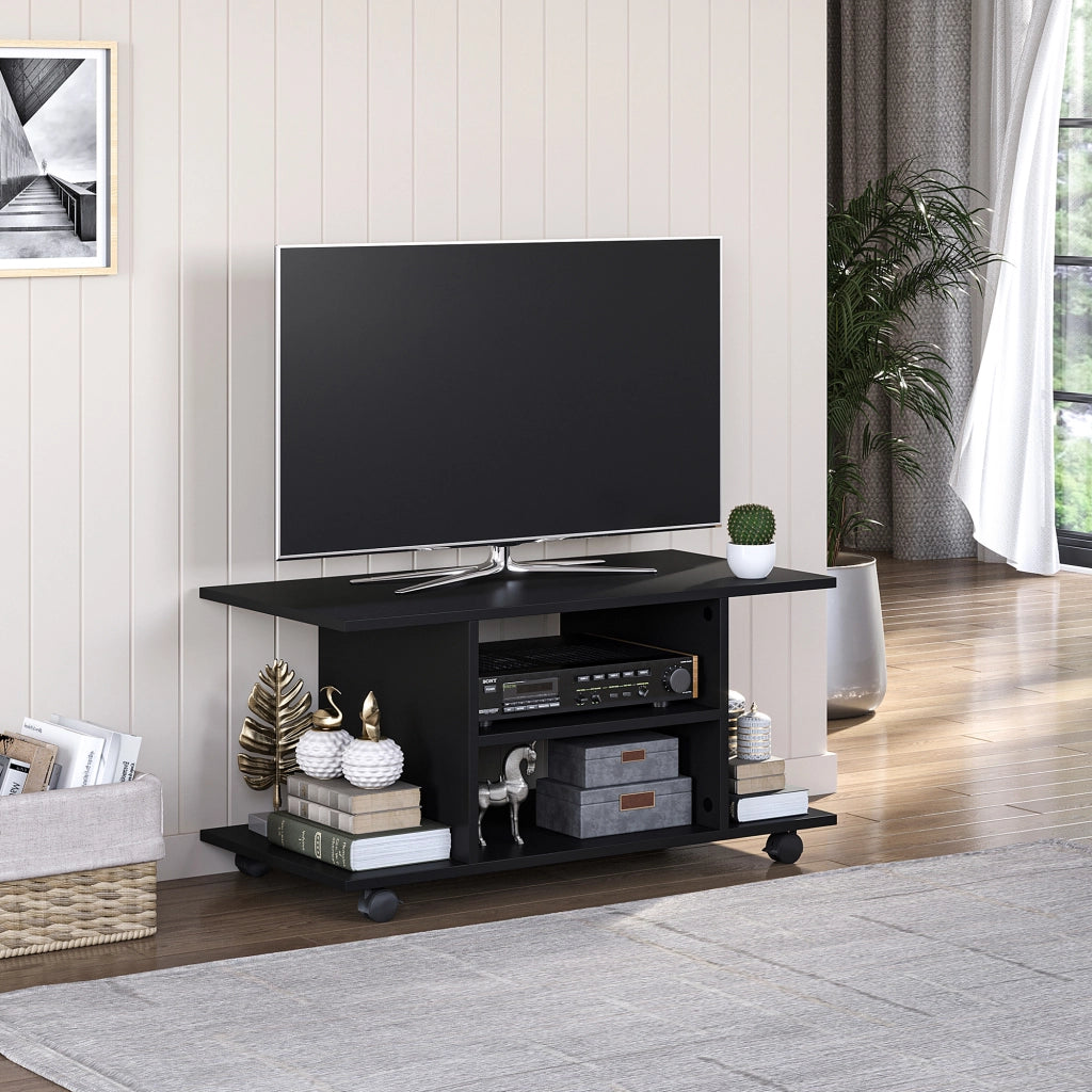 Mobile TV Moderno con Ripiani,Mobiletto Porta TV da 42" con Ruote Girevoli a Freni,2 Piccolo Ripiani Laterali,80x40x40 cm,Nero