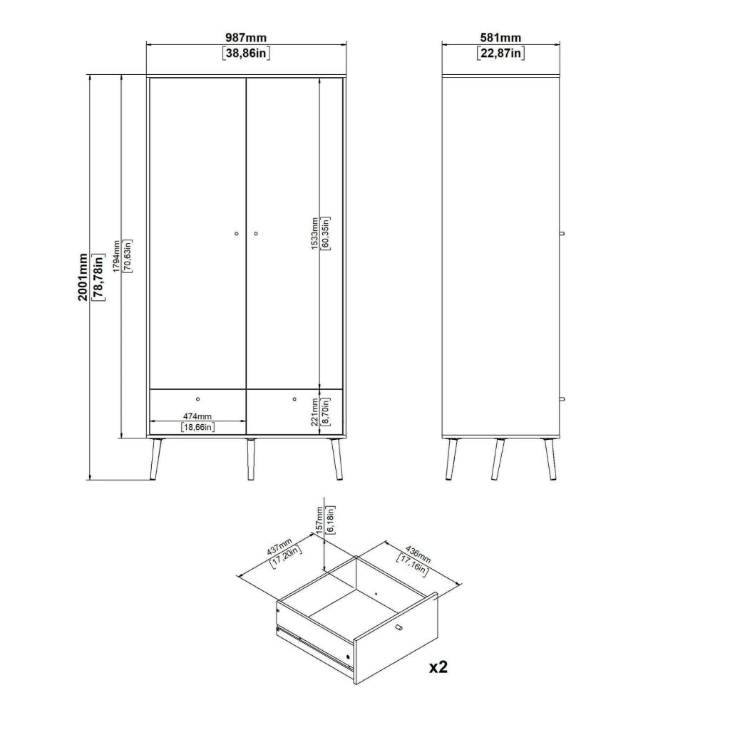 Guardaroba 2 ante Kahina, Mobile camera da letto, Cabina armadio portabiti, Armadio appendiabiti, 99x58 h200 cm, Bianco