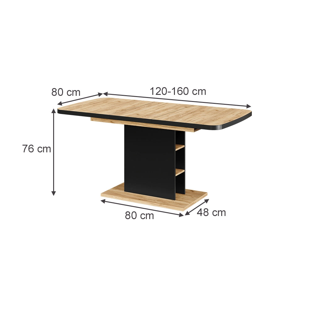 Vicco Tavolo da pranzo Estensibile Nero/quercia 120/160 x 80 cm con scomparti aperti