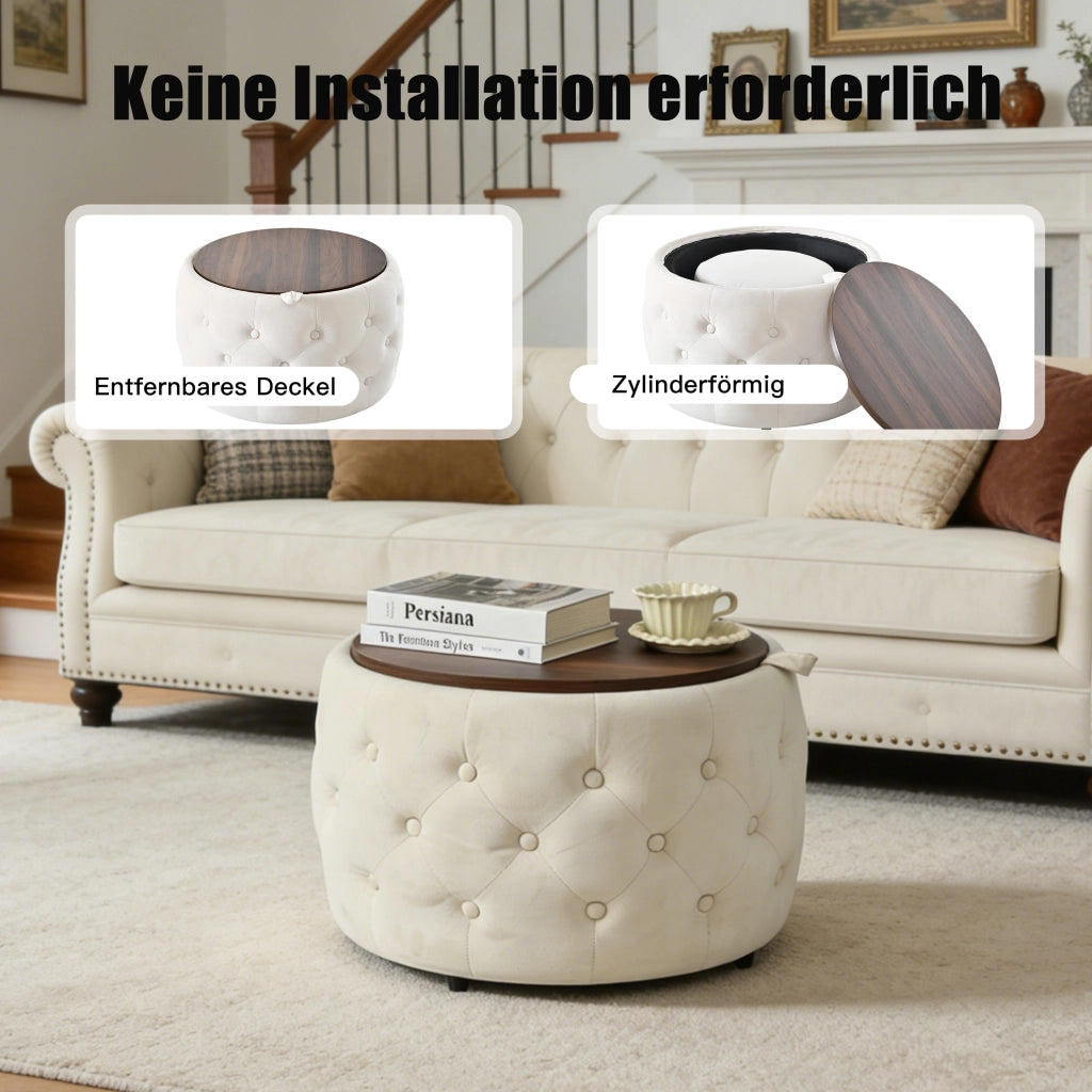 POUF Set da 2 pezzi in velluto beige 58x58x38 cm con vassoio in legno