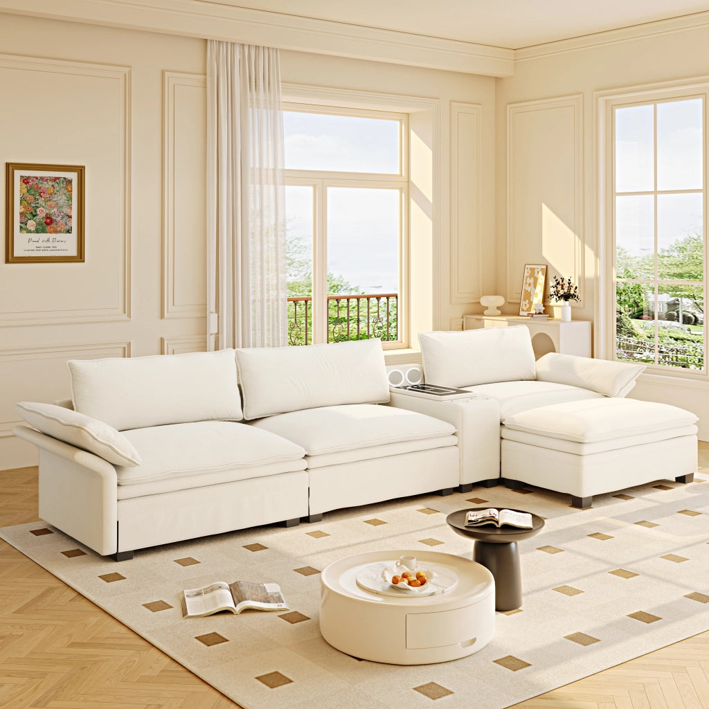 Divano modulare 4 posti con ricarica wireless, altoparlanti Bluetooth, luce, portabicchieri, ciniglia Beige/Bianco