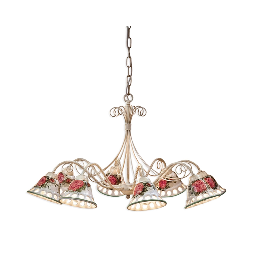 Lampadario Classico Napoli Metallo E Ceramica Bianco Sfumato Oro 8 Luce E14