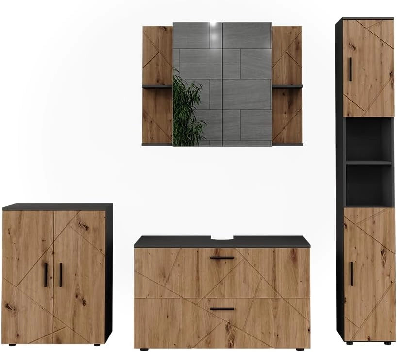 Set di mobili da bagno Irma, Antracite/Artisan, 100.1 cm, composto da mobile sottolavabo, specchiera e colonna alta