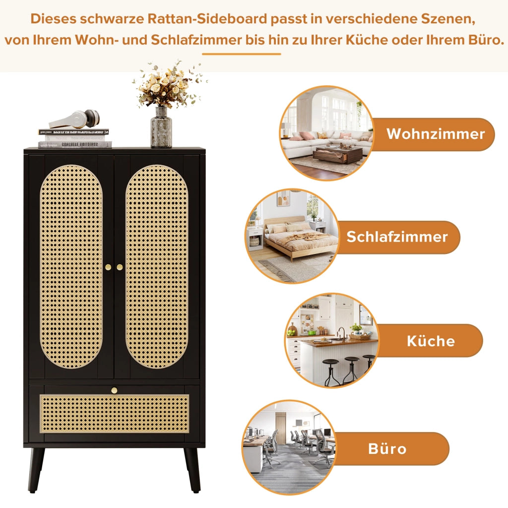 CREDENZA 60x40x110,5 cm nera con 2 ante e 1 cassetto, design rattan