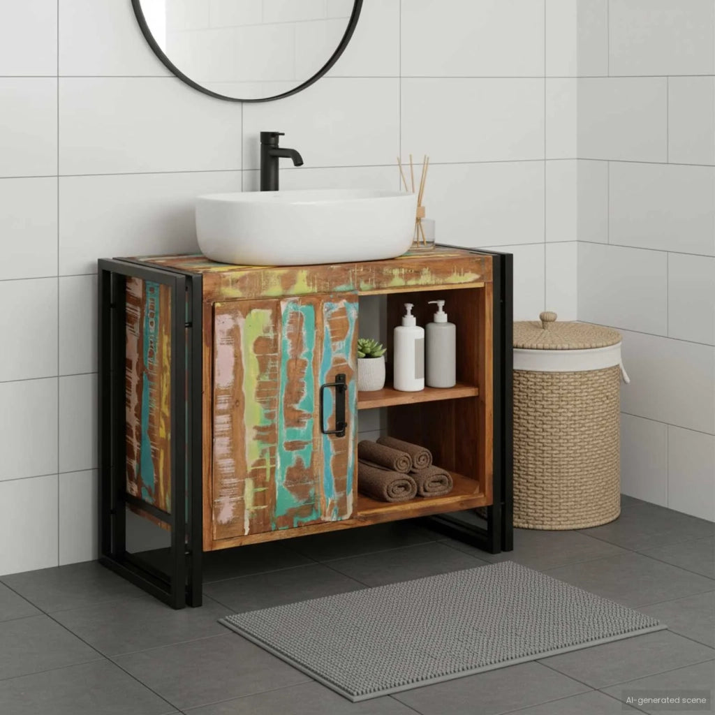 Mobile sottolavabo con porta Legno massello di recupero e ferro-Armadietto da bagno