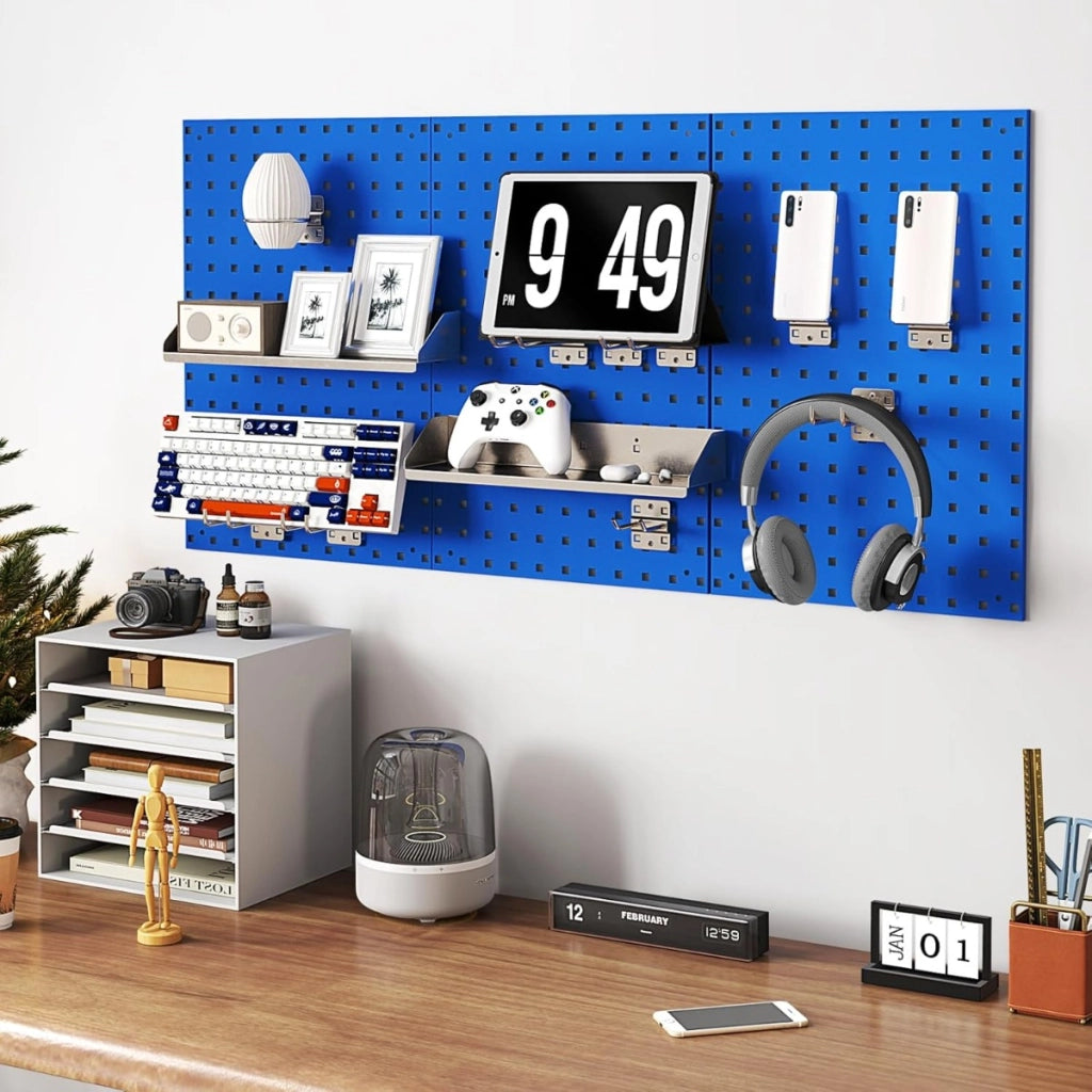Kit pegboard da parete con 3 pannelli portautensili-Kit di organizzazione per strumenti con 28 accessori per garage e laboratorio Blue Navy