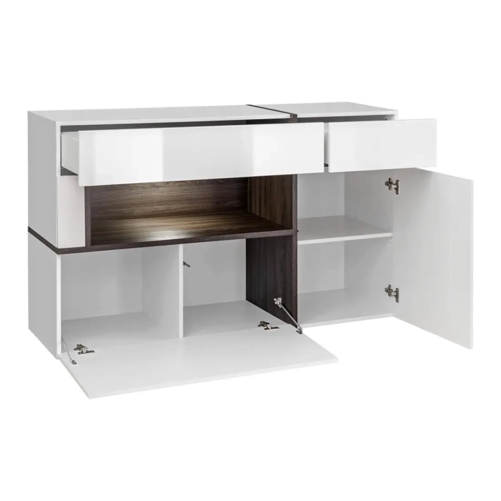 Buffet 2 porte 2 cassetti CRISS con LED – Bianco lucido e legno – Design moderno