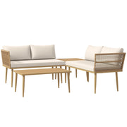 Set 4 Pezzi da Esterno 2 Divani con Cuscini e 2 Tavolini in Rattan PE Colore Legno