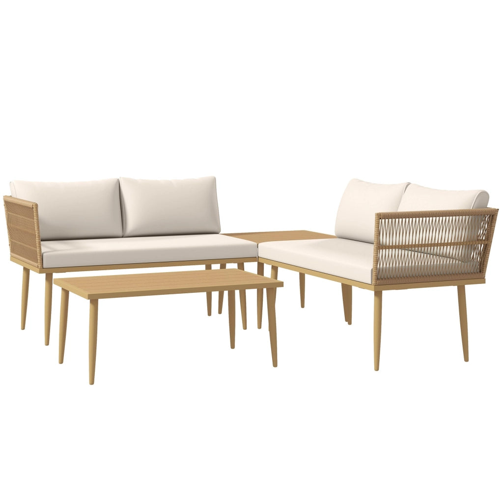 Set 4 Pezzi da Esterno 2 Divani con Cuscini e 2 Tavolini in Rattan PE Colore Legno