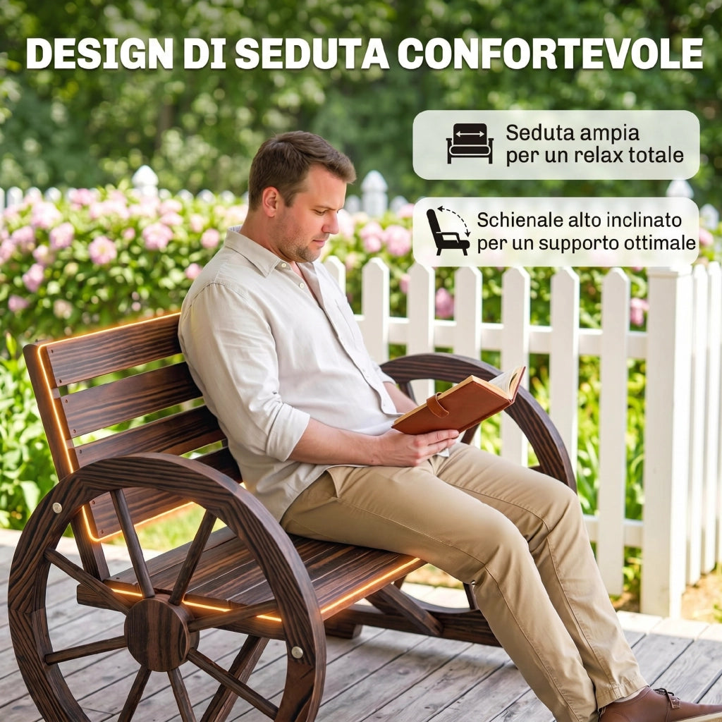 Panchina da Giardino da 2 Posti con Braccioli a Ruota, Panchina da Esterno a Doghe in Legno di Abete, Stile Country, 105.5x59x75 cm, Marrone