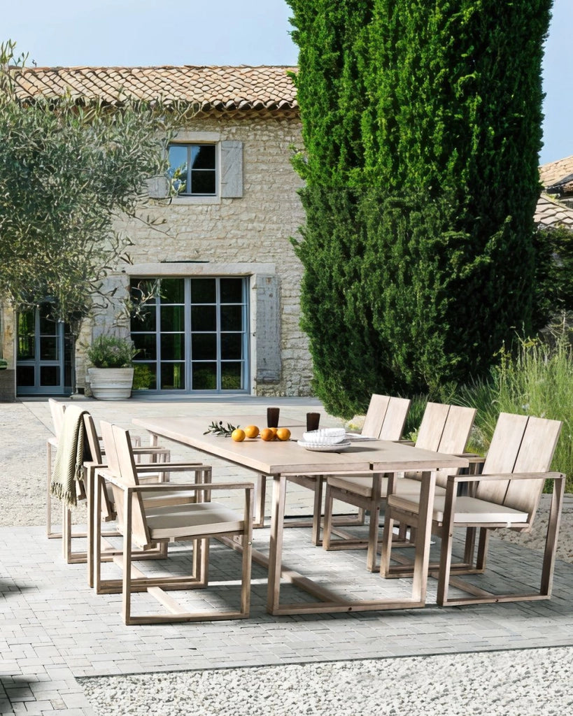Set di 6 sedie da giardino in legno di acacia chiaro con braccioli stile rustico mediterraneo