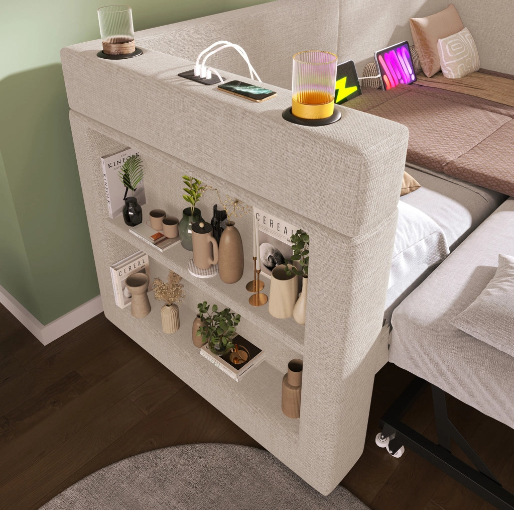 Divano letto ULEVR 90x200 cm con letto estraibile, USB, Type-C e portabevande, beige