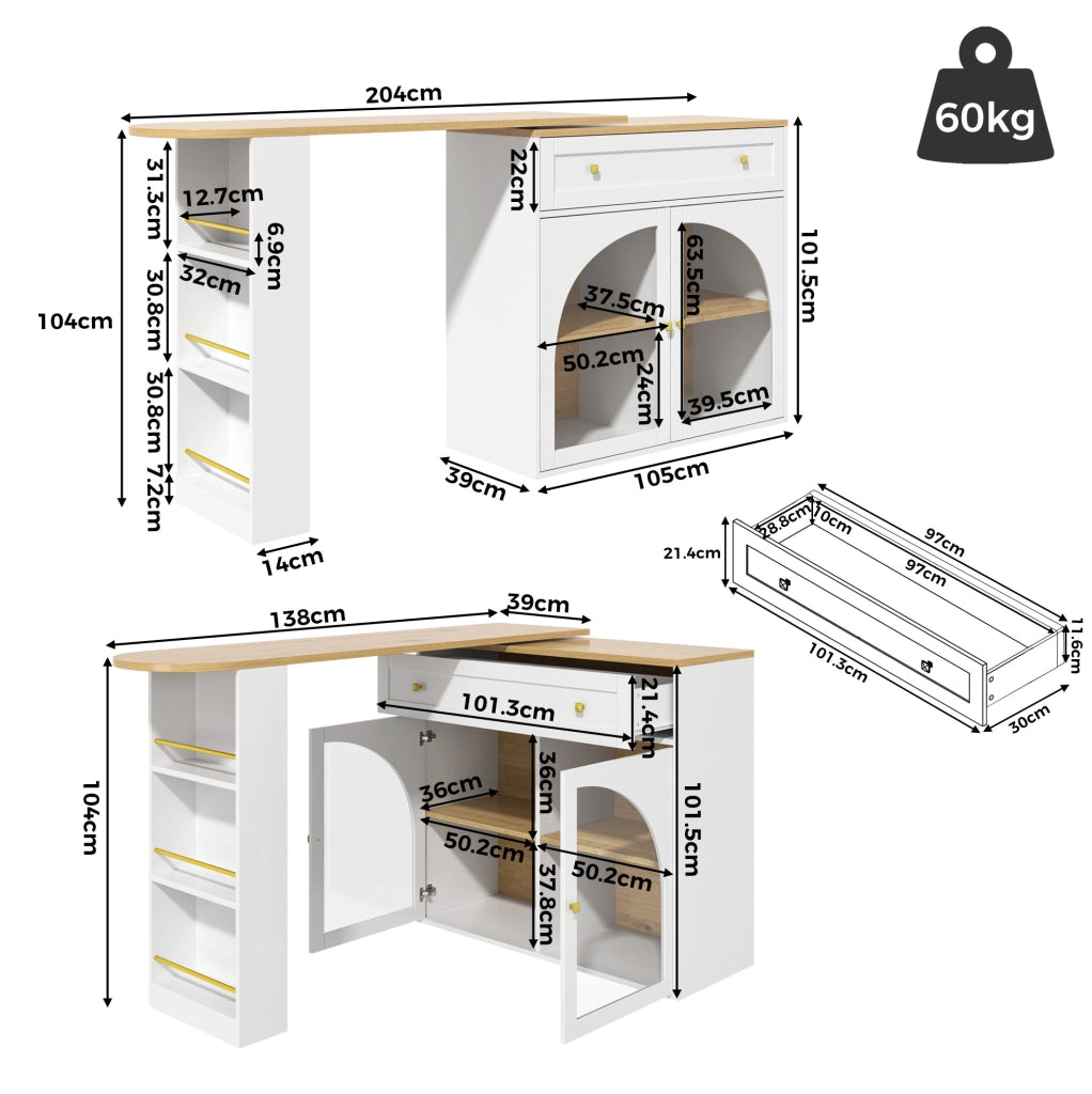 Tavolo bar estensibile 138-204x39x104 cm con ripiano laterale a tre livelli in MDF bianco