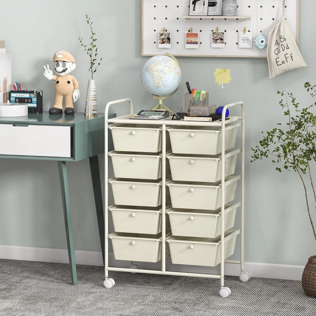 Carrello con 10 cassetti, impilabile, carrello per cassetti, carrello da cucina con ruote bloccabili, carrello per cucina, bagno, ufficio, 65,5 x 37 x 87 cm, bianco