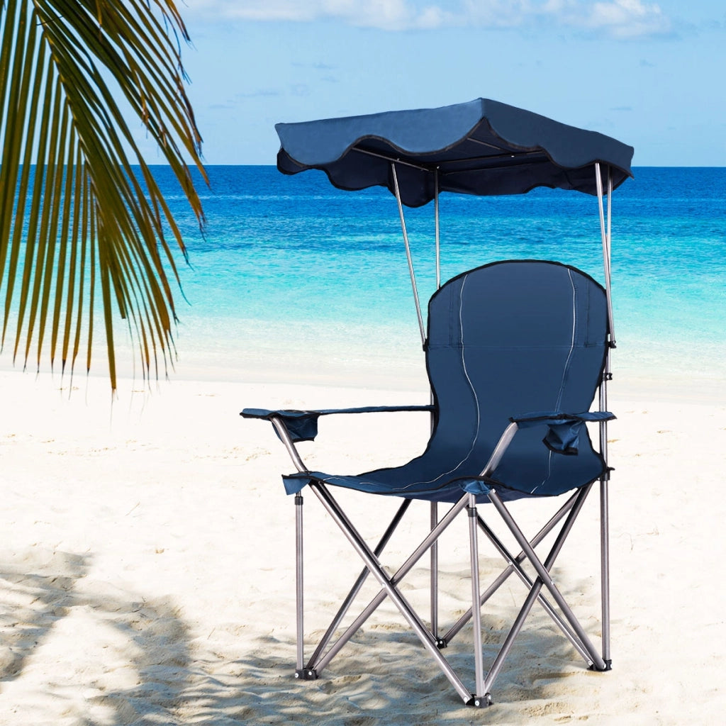 Sedia da campeggio pieghevole con parasole-supporto reclinabile 120kg-Sedia da spiaggia portatile con portabicchieri-blu