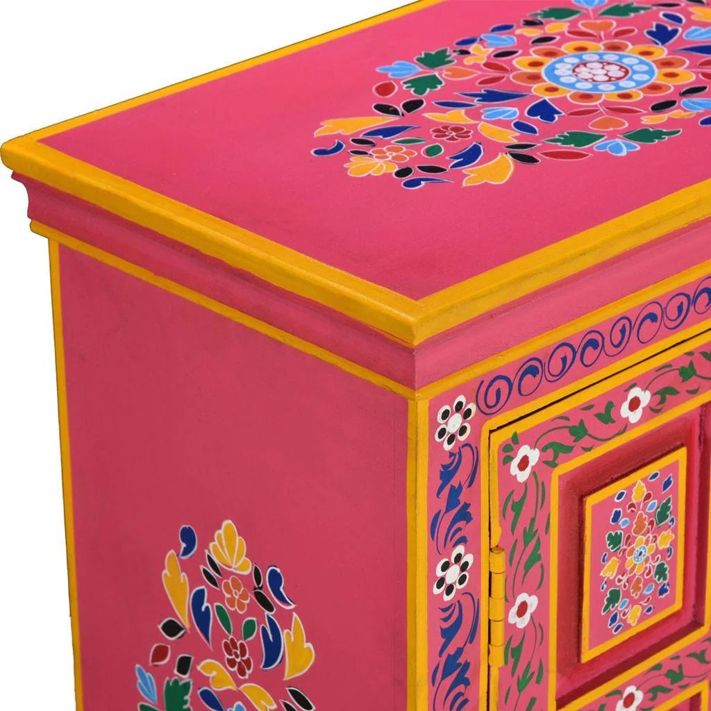 Buffet credenza mobiletto consolle mobile contenitore legno massello di mango dipinto a mano in rosa 4402024