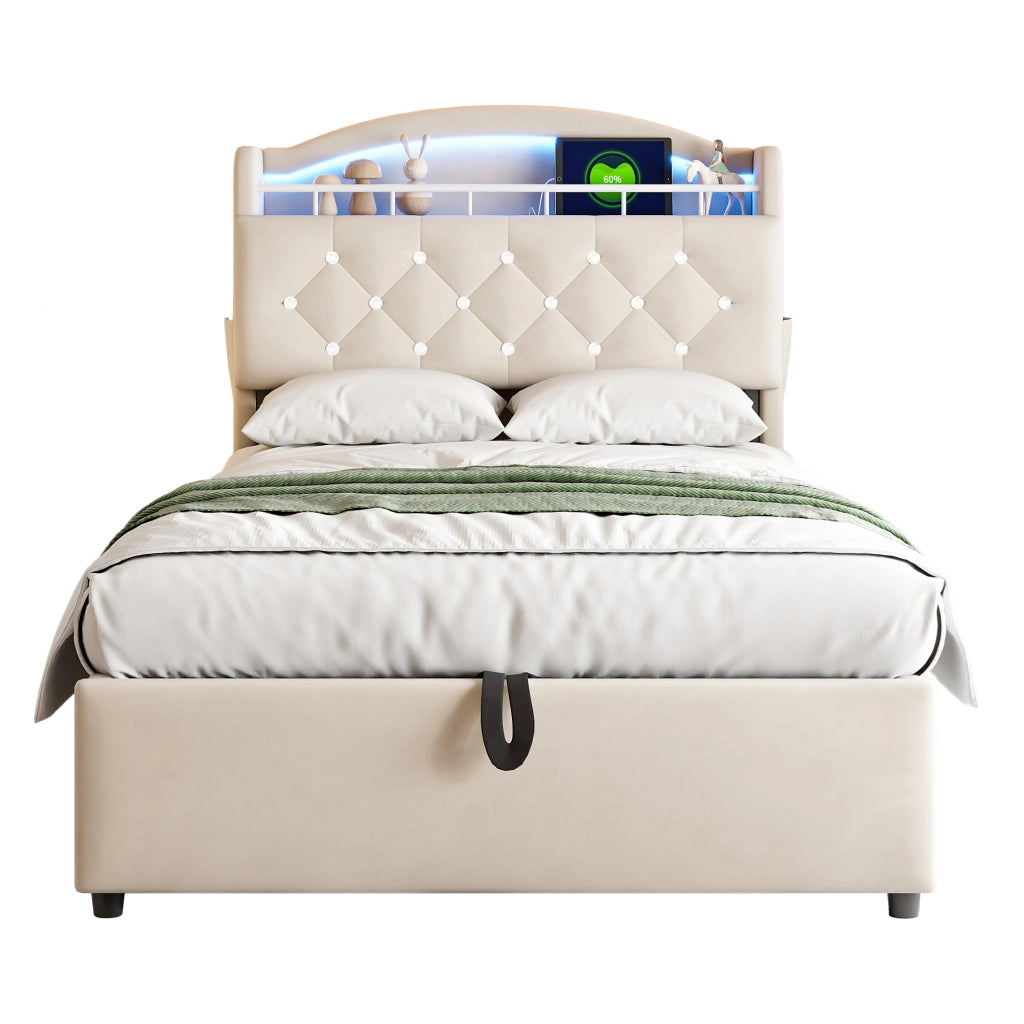 Letto per bambini 90x200 imbottito in velluto beige con contenitore; LED e USB