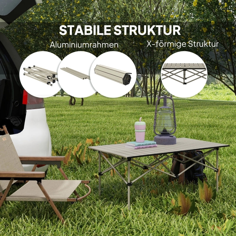 Tavolo da campeggio Tavolo pieghevole con piano avvolgibile in X-frame Luce per il tavolo da giardino in alluminio Tavolino laterale per 2 persone Tavolino pieghevole per balcone in giardino Campeggio 95 x 55cm kaki