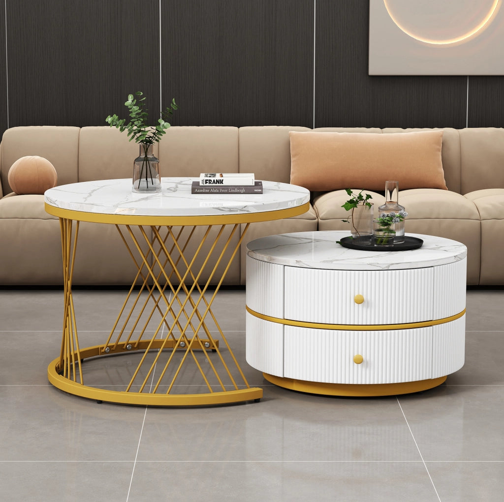 Set 2 tavolini da caffè rotondi effetto marmo lucido; bianco; con 2 cassetti
