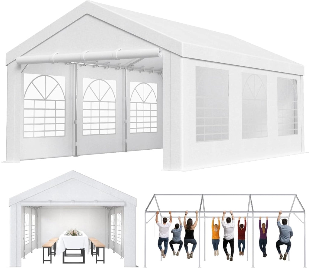 Gazebo da 4 x 6 m, resistente, con pareti laterali, impermeabile, in PE, con struttura in acciaio galvanizzato, tenda per feste, eventi, uso esterno, colore bianco