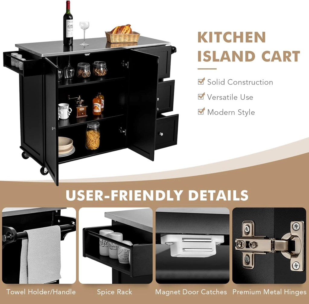 Carrello da cucina con piastra in acciaio inox, armadio da cucina con ruote, isola da cucina mobile con 3 cassetti e ripiani regolabili, carrello da portata in legno, carrello da cucina, 135 x